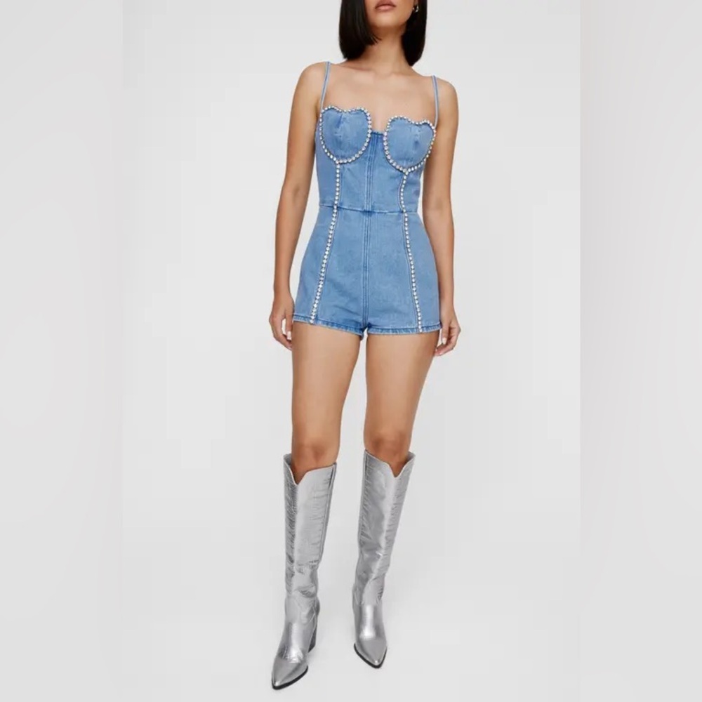 Nasty Gal Blue Denim Romper with Silver Accents